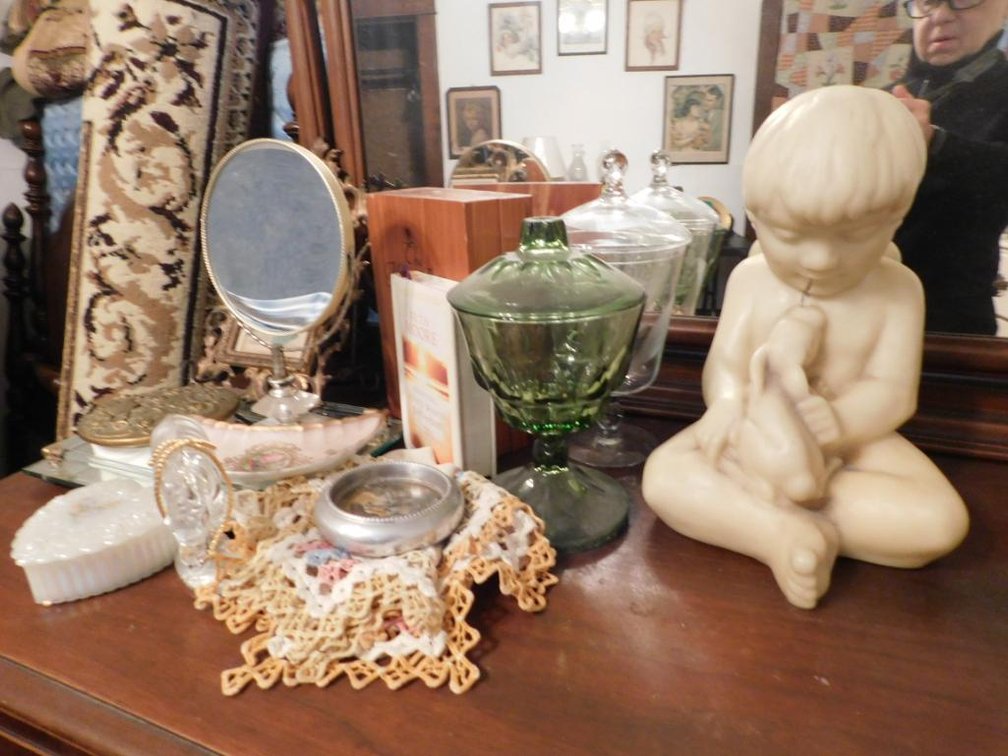 Vintage dresser items:  Picture, mirrored tray, covered candy dishes