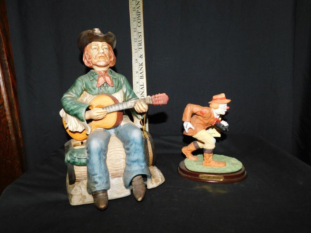 Bisque porcelain music box (not tested) and clown figurine