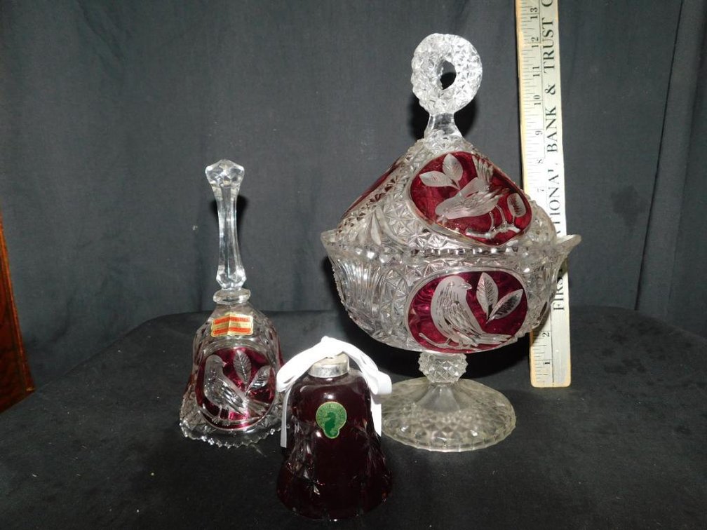 Ruby cut to clear covered candy, Waterford bell and lead crystal bell