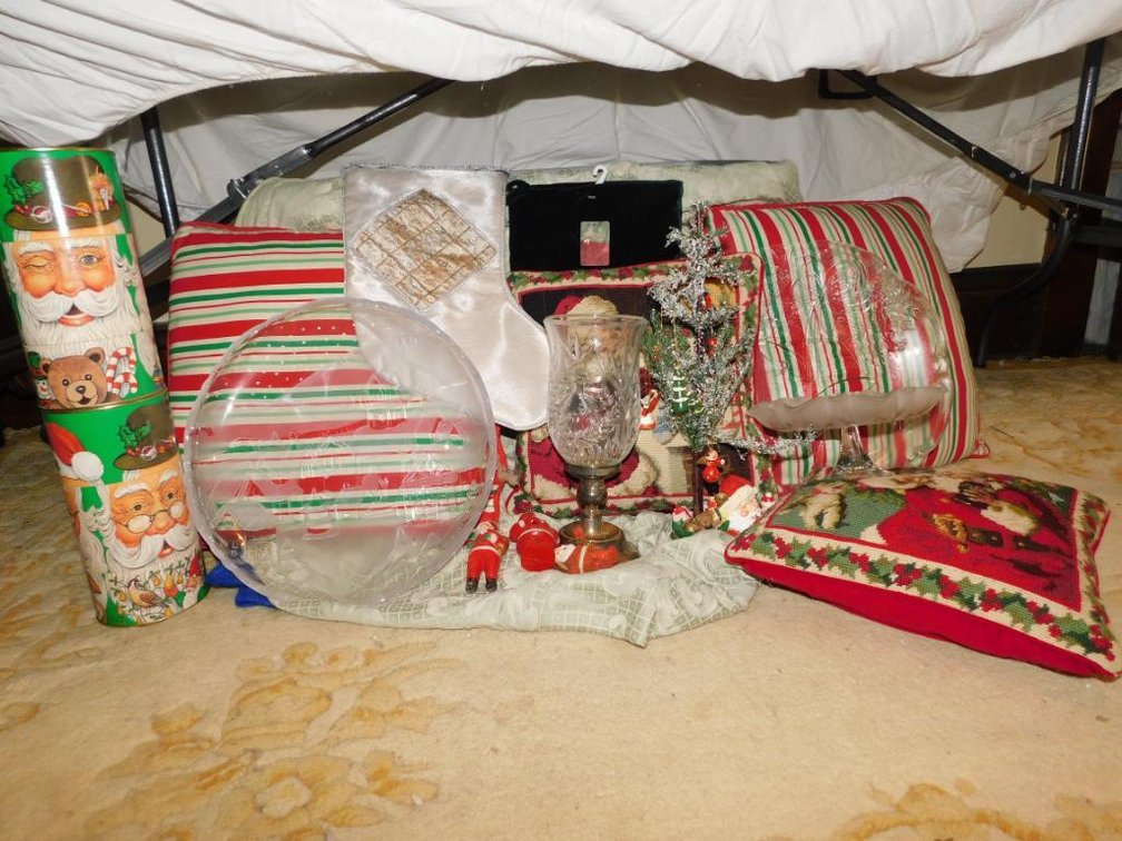 Collection of Christmas items:  Serving platters, candle holder, pillows and other Christmas d�cor