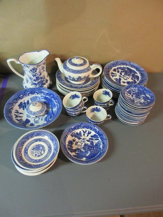 Blue and white China pieces:  Plates, teapot, saucers, bowls