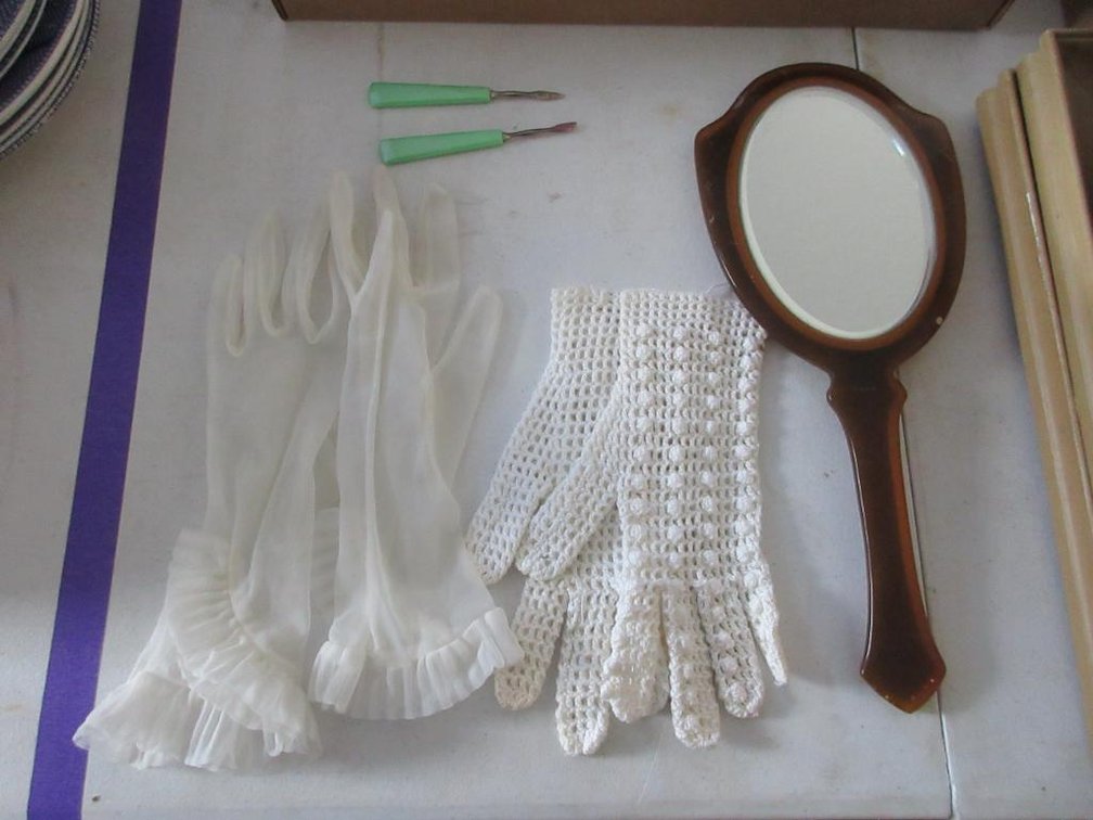 Vintage vanity items, mirror, gloves