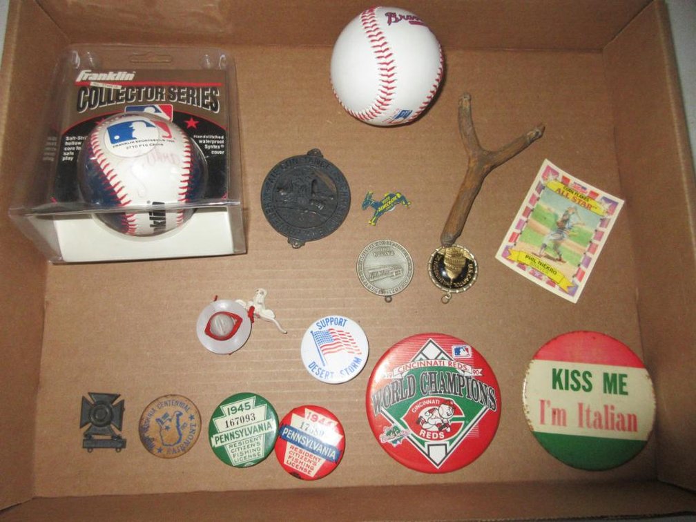 Baseballs, pinbacks, medallions and fishing licenses