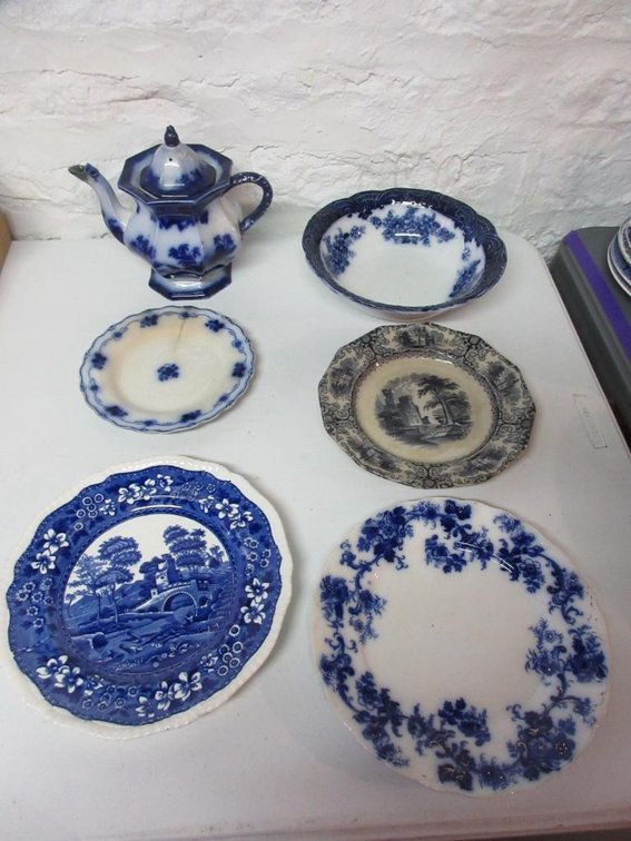 Blue and white China pieces:  Plates, bowl and a teapot