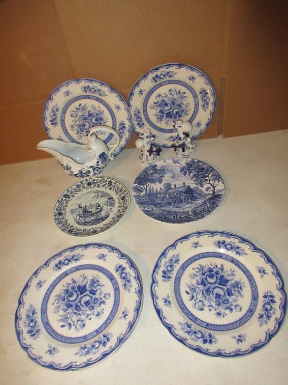 Blue and white China pieces:  Plates, pitcher