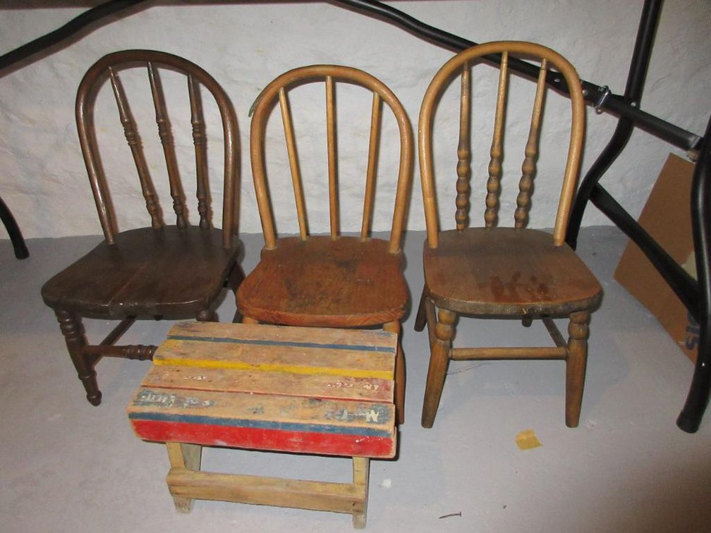 3 Wooden children's chairs and a stool