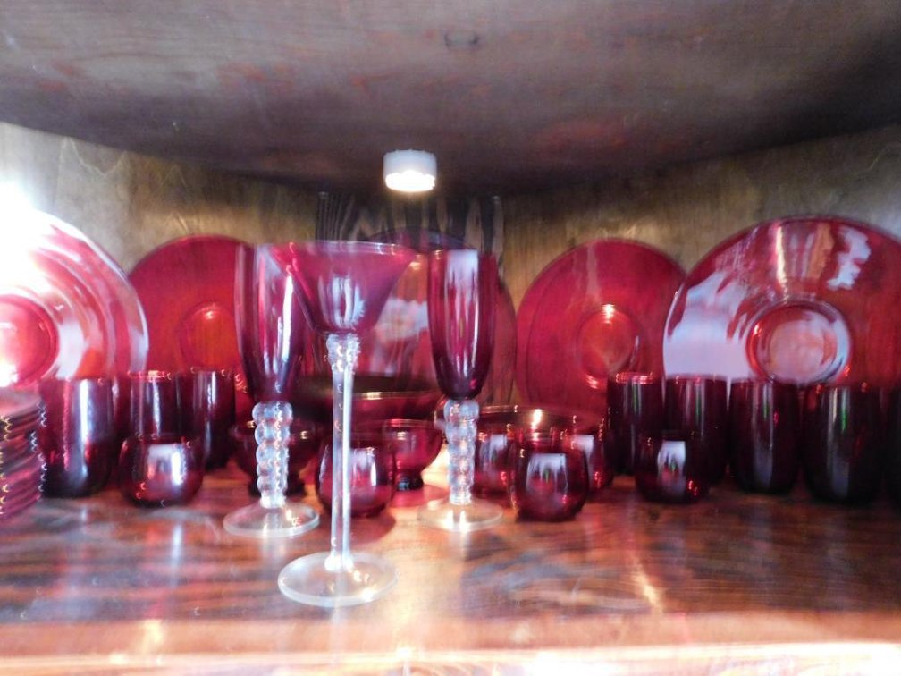 Ruby glass dishes, stemware and glasses
