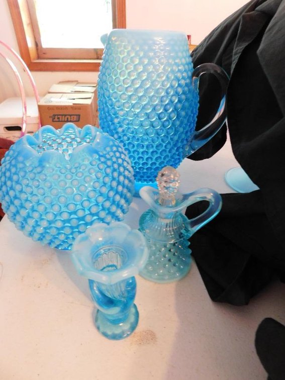 Blue hobnail vases