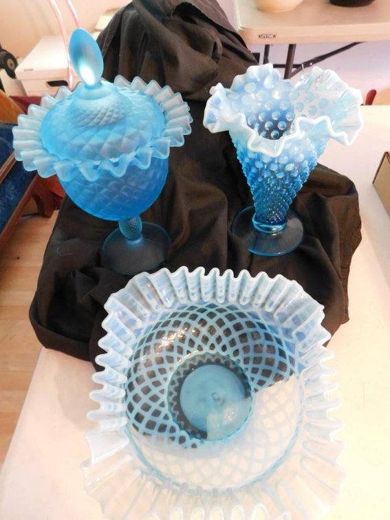 Blue hobnail vase and covered candy