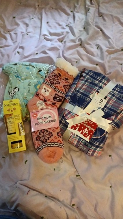 New items-2 PJs, socks, and Naked Bee lotion and ChapStick
