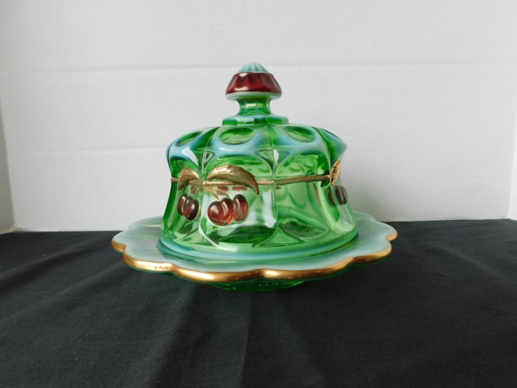 Green opalescent glass covered butter dish