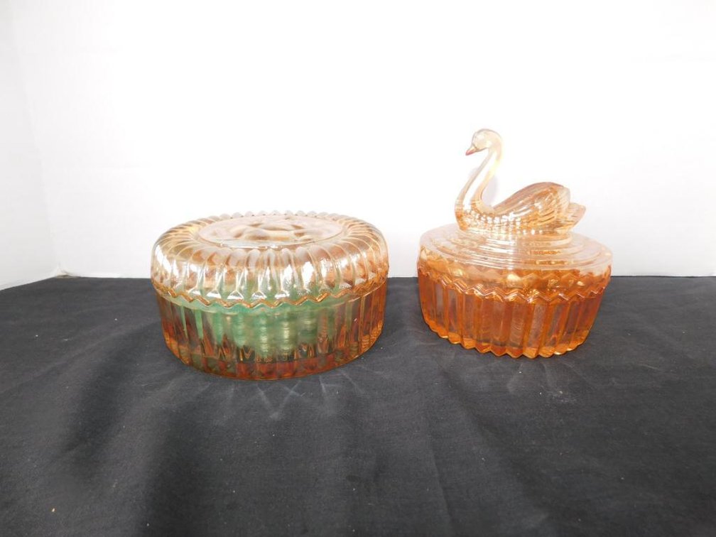 2 Carnival glass powder boxes