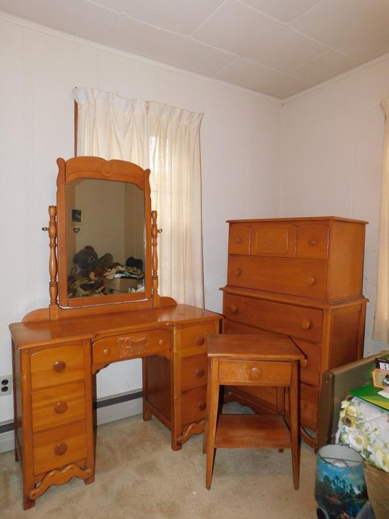 Mid Century Modern dresser, mirror, chest of drawers, night stand w/covered wagon carvings
