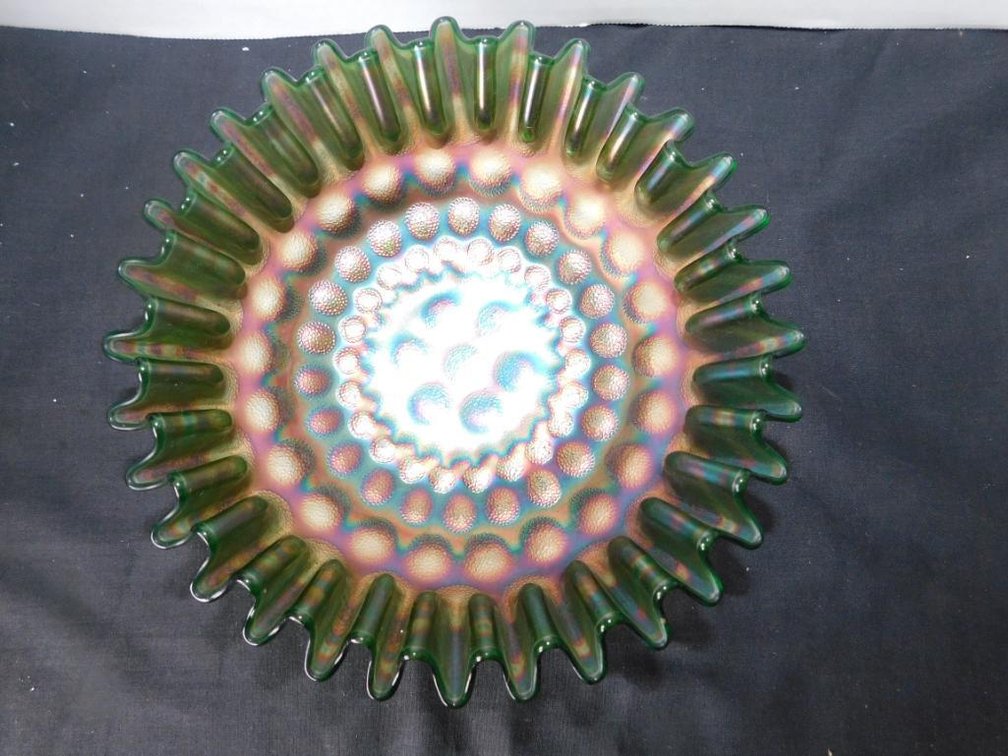 Fenton green coin dot pattern ruffled carnival glass bowl