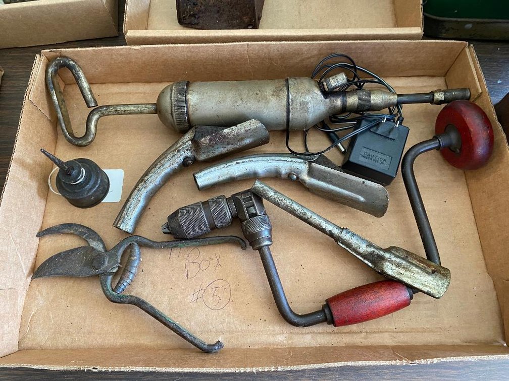 Flat of misc. tools, oil spouts, snips, etc.