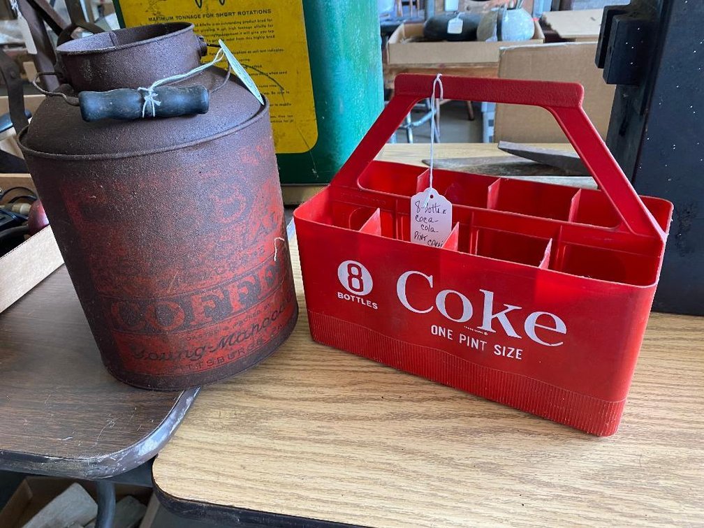 8-Bottle plastic Coca-Cola carrier and vintage coffee can