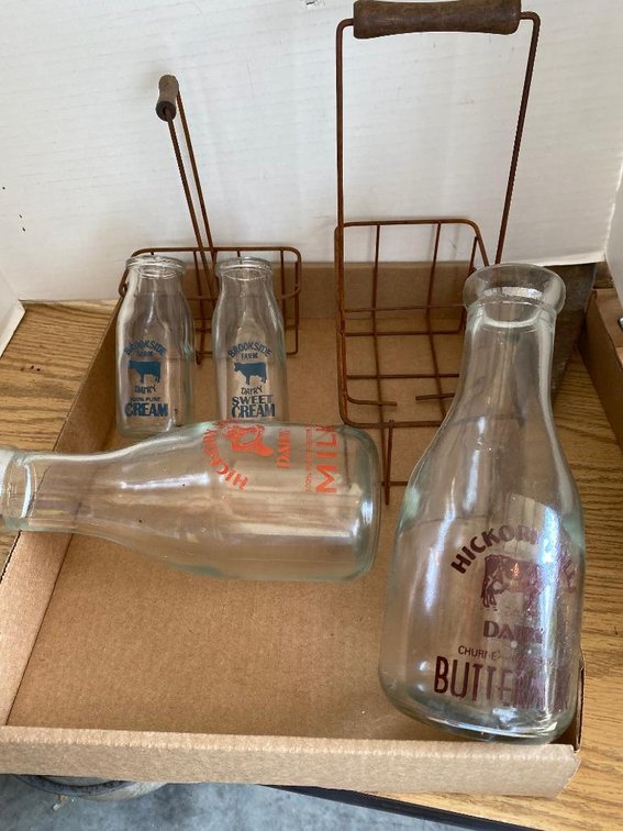 Milk bottles from Brookside Farms Dairy and Hickory Hill Dairy w/ 2 metal carriers