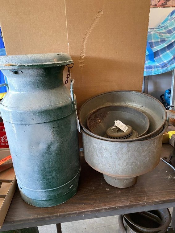 Riecks cafeteria milk can and a 5-gal. milk strainer
