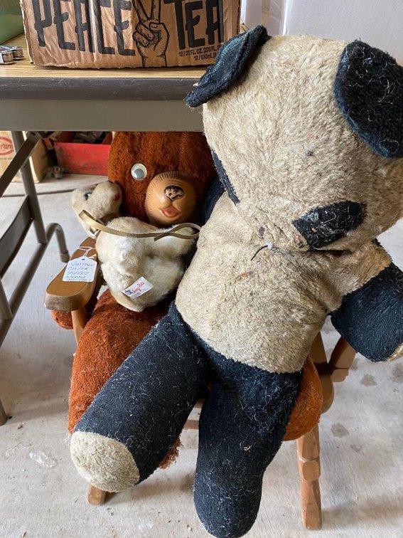 Child's wooden chair, 2 vintage teddy bears and a dog