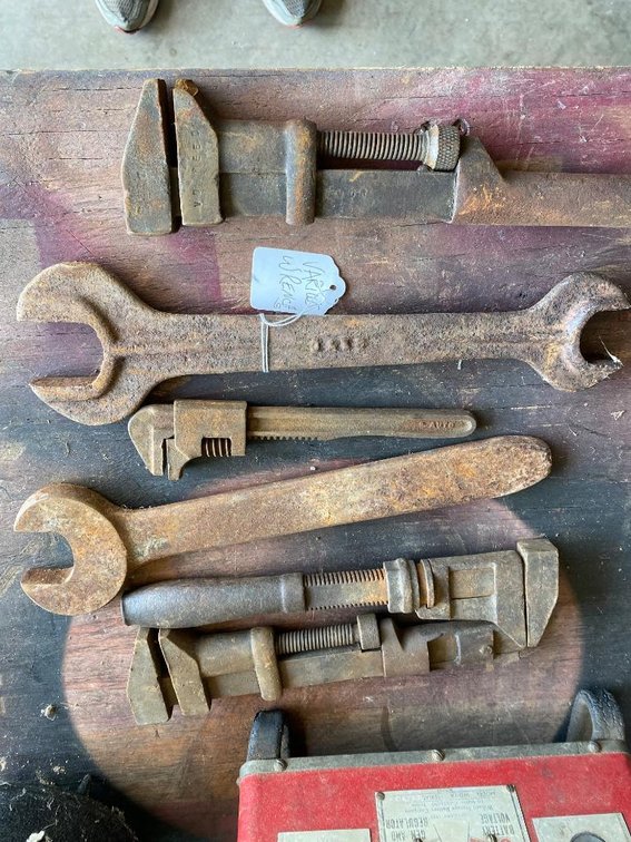 Various vintage wrenches and tools