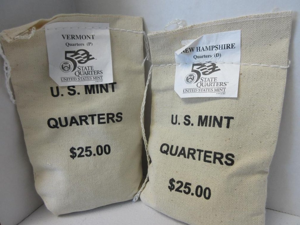 Two Sealed $25 Bags US Mint Vermont and New Hampshire State Quarters