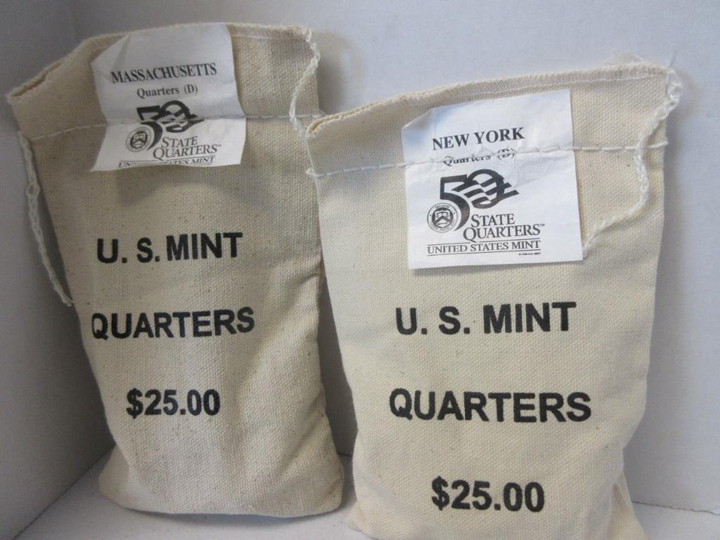 Two Sealed $25 Bags US Mint New York and Massachusetts State Quarters