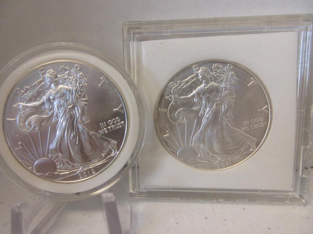 Two 1oz Silver American Eagle coins-2011 and 2012