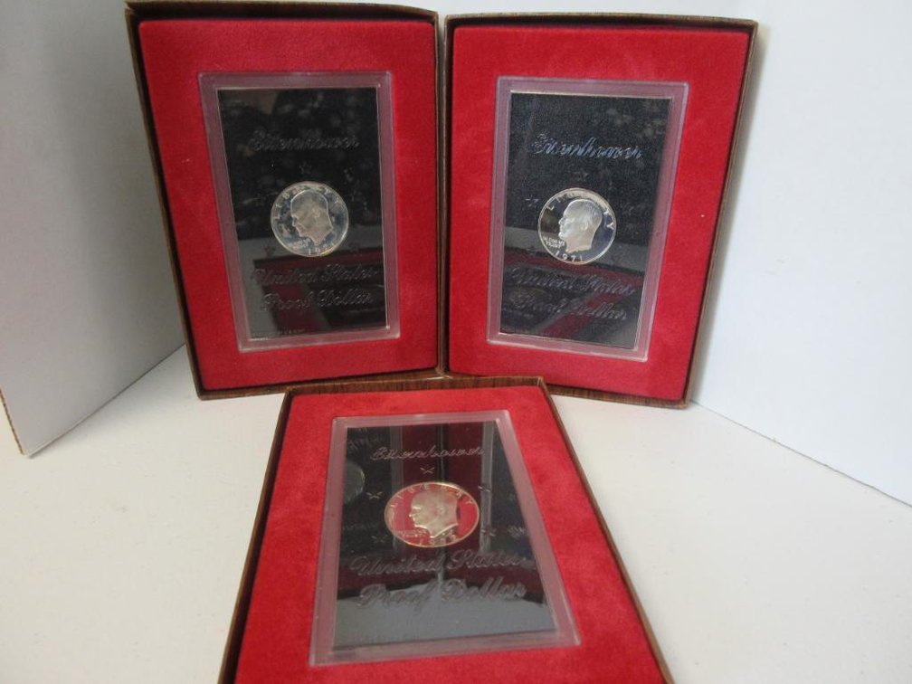 Three Eisenhower Dollars Proofs-two 1971 and one 1972