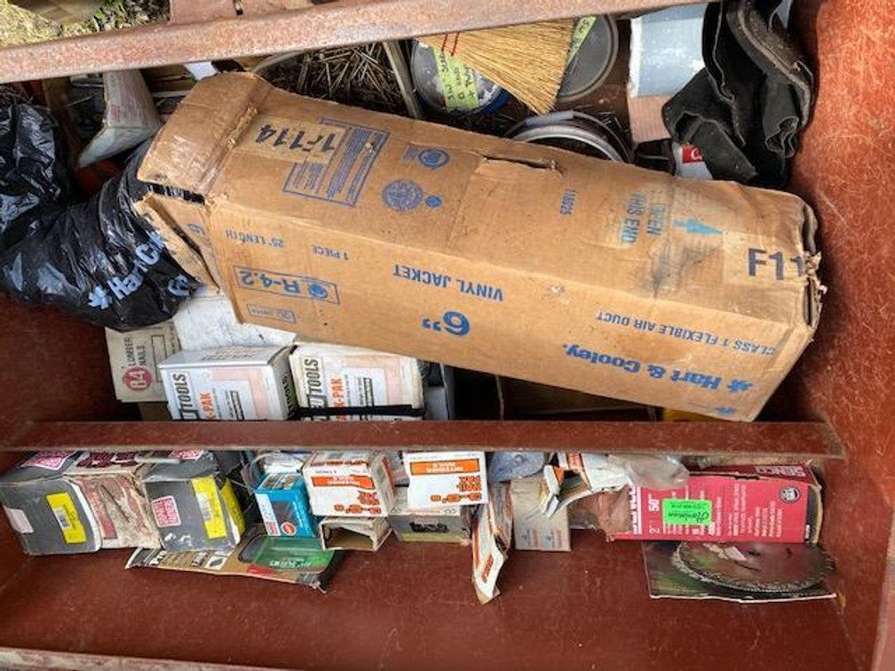 Metal job box and contents:  Misc. partial boxes of nails, interior nails, coil nails and other hardware