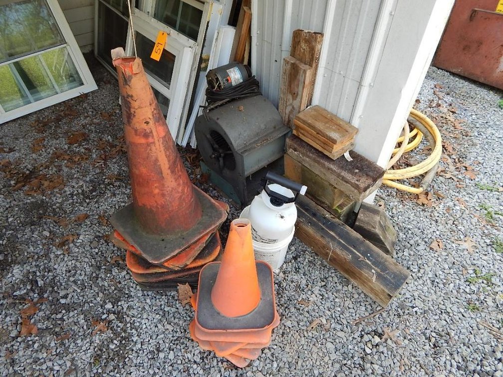 110 Volt squirrel cage blower, caution cones and cribbing blocks
