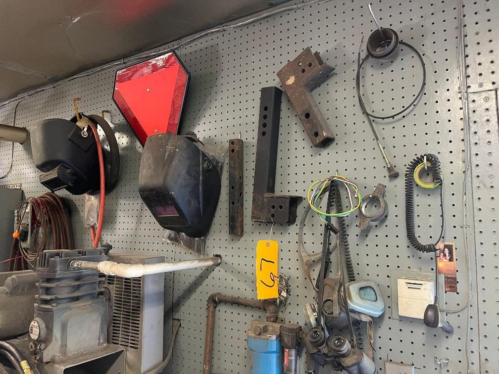 Respirators, 2 welding helmets, Reese hitch inserts, oxygen acetylene leads, "Slow Moving" vehicle sign