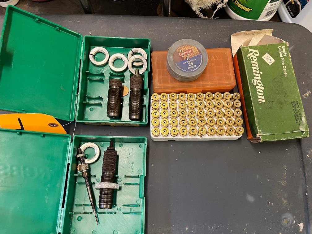 2 Incomplete RCBS die sets; one is a .308 Win and one is a .223 Rem, pistol shell holder and full box of .45 Colt brass - unprimed