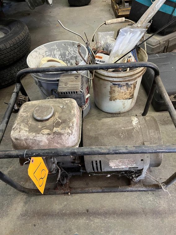 Generator for parts, 5-gallon bucket of caulking, 5-gallon bucket of zip ties, funnels and other misc. items