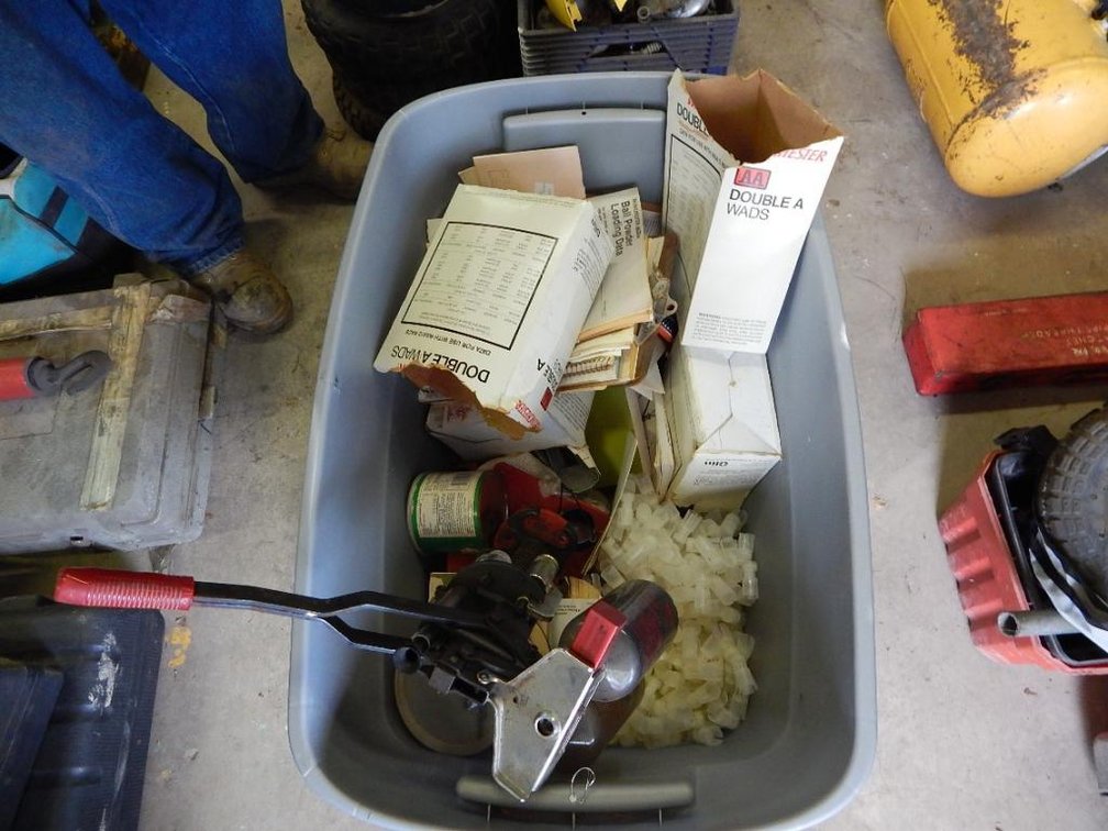 Tote w/ shotgun reloading supplies, MEC shotgun shell reloader