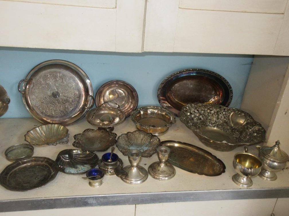 Various assorted sterling and silverplate pieces:  Platters, trays, candlesticks