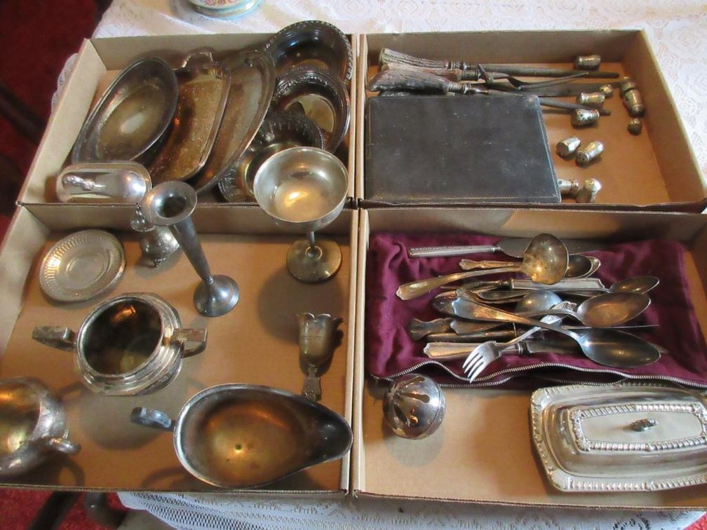 Various assorted sterling and silverplate items:  Platters, flatware, butter dish, gravy dish, salt & peppers