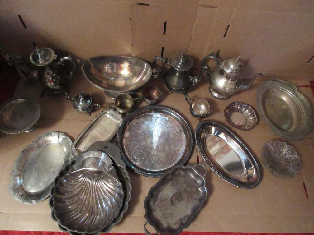 Various assorted sterling and silverplate pieces:  Trays, kettles, creamers, platters