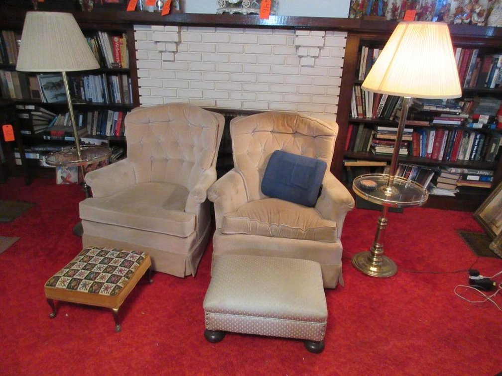 2 Swivel rockers w/ foot stools and 2 lamp stands