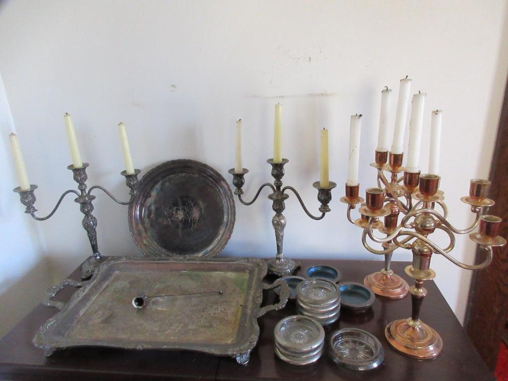 Various assorted silverplate items and brass-like candlesticks