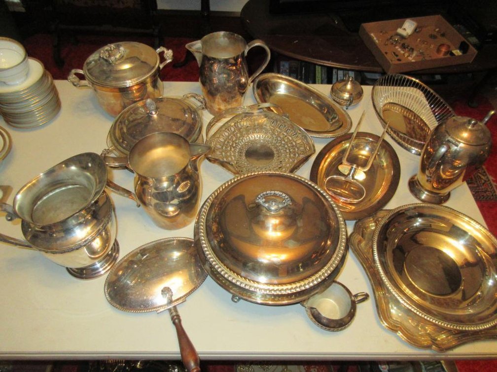 Various assorted silverplate pieces:  Chafing dish, platter, pitchers, bread basket