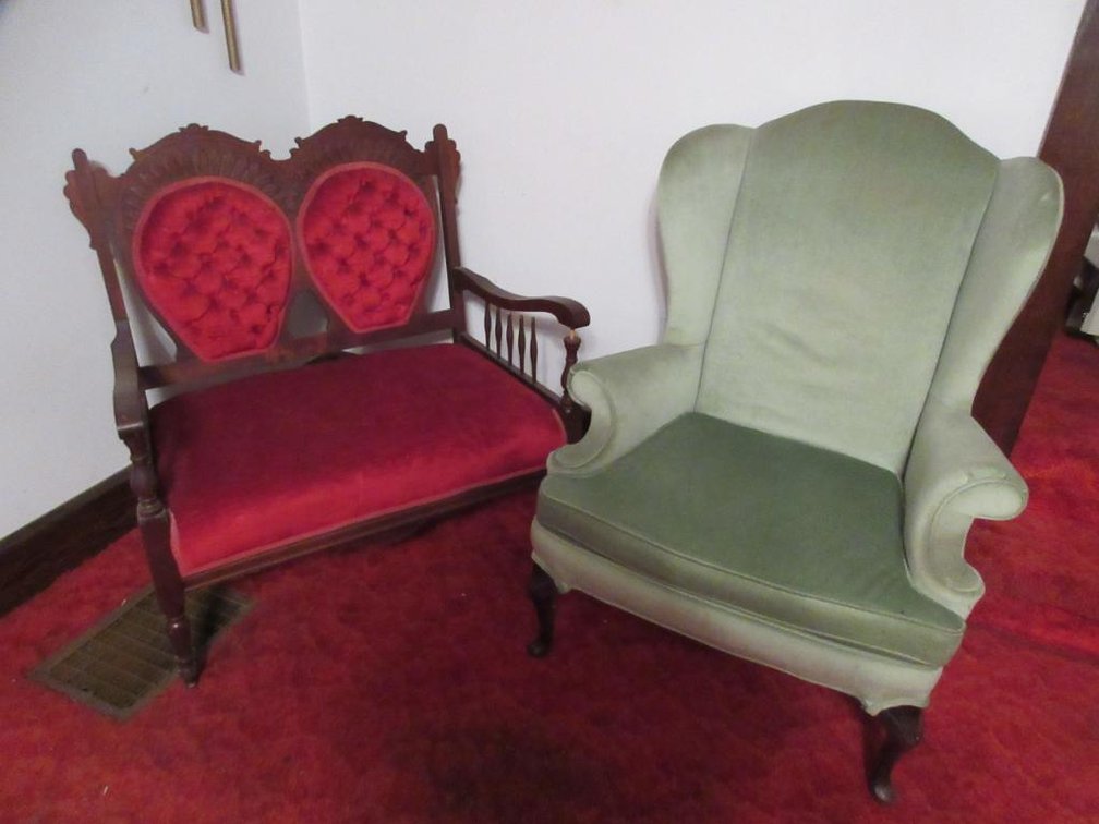 Antique Victorian settee and Queen Anne wing backed arm chair