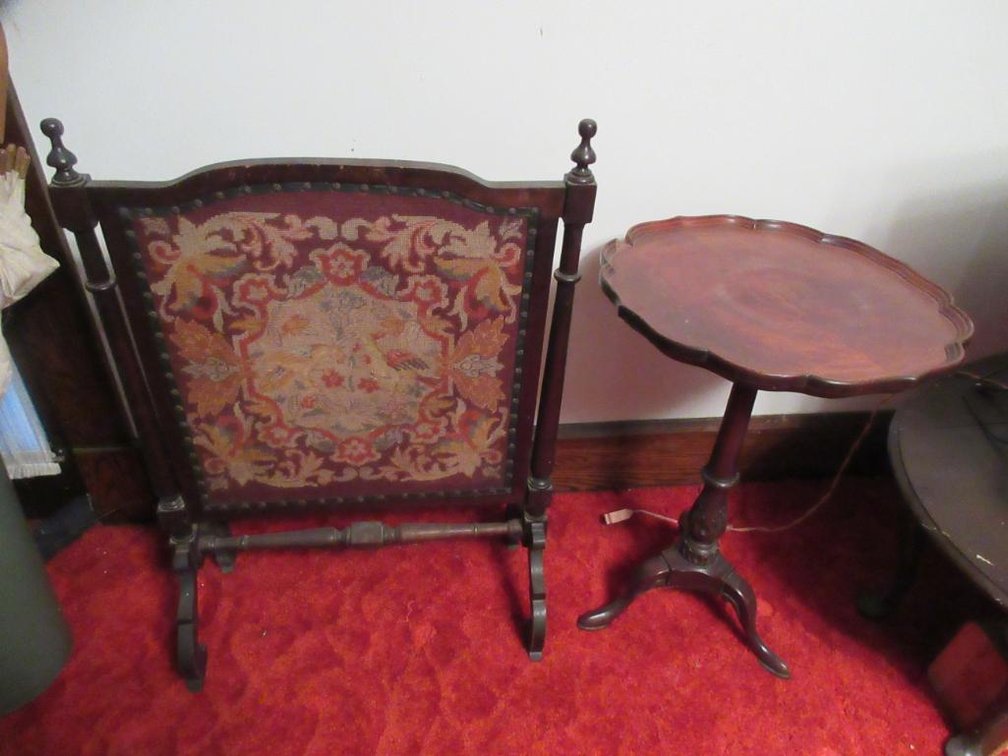 Victorian embroidered fire screen and Victorian pie crust wine/tea table