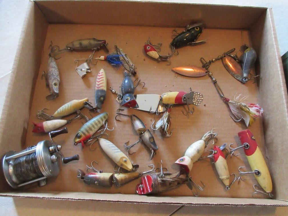 Vintage lures, bait caster and tackle box