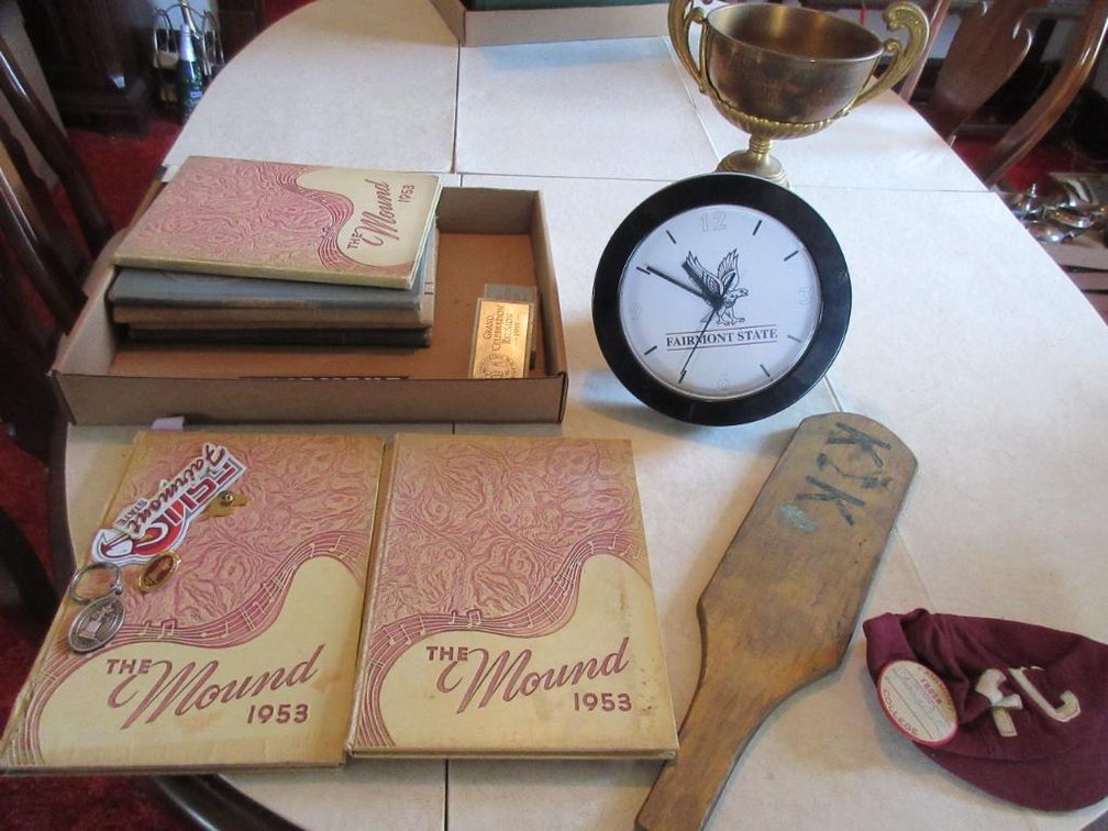 Fairmont State University and Fairmont State College yearbooks, hat, Greek Life memorabilia, etc.