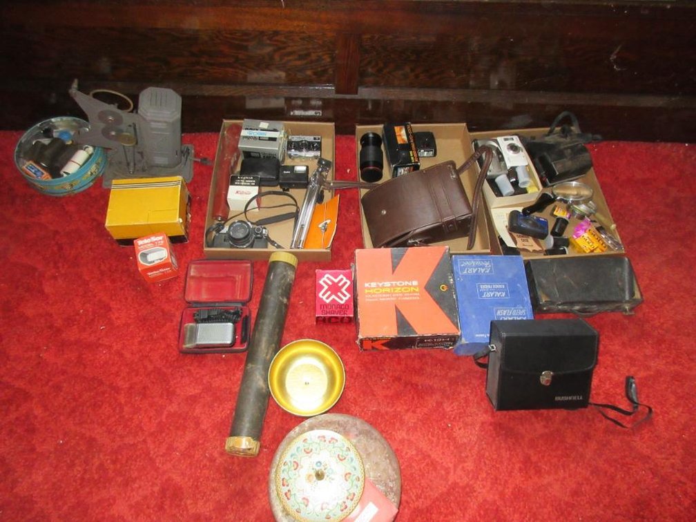 Vintage cameras & optics:  Polaroid, Olympus, projector & other film accessories