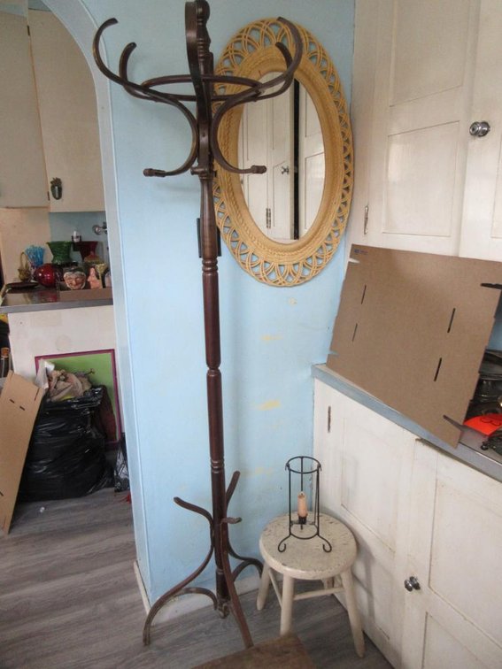 Coat rack, stools, mirror