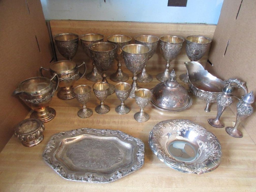 Assorted silverplate pieces:  Goblets, gravy dish, platter, salt & pepper shakers