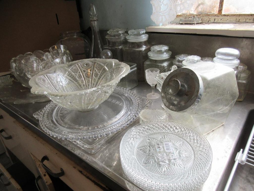 Assorted glass pieces:  Punch bowl & cups, canisters, plates, fish bowl