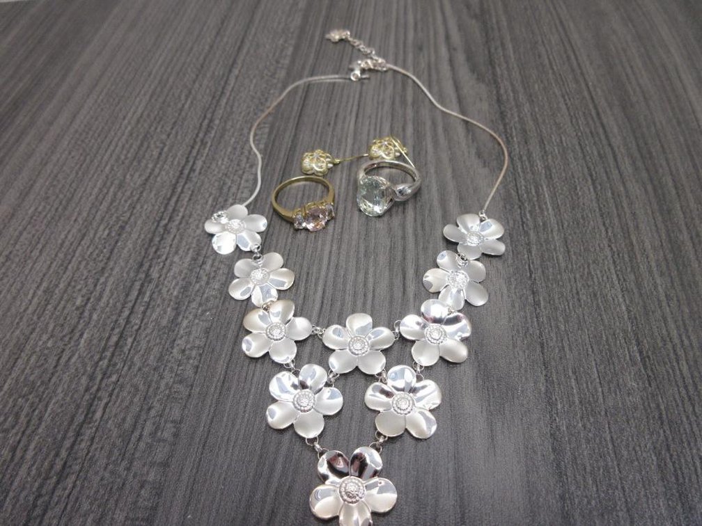 Flower Necklace Earrings and 2 Rings