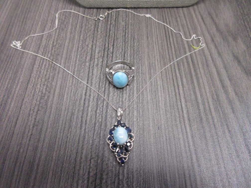 Larimar Blue Stone Ring and Necklace in Platinum Over Sterling Silver